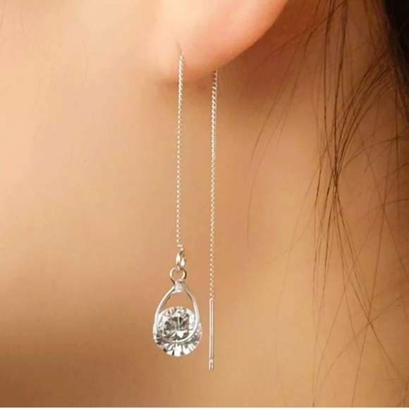 925 Silver Boho Diamond Chain Dangle Earrings threader water drop - Picture 1 of 4